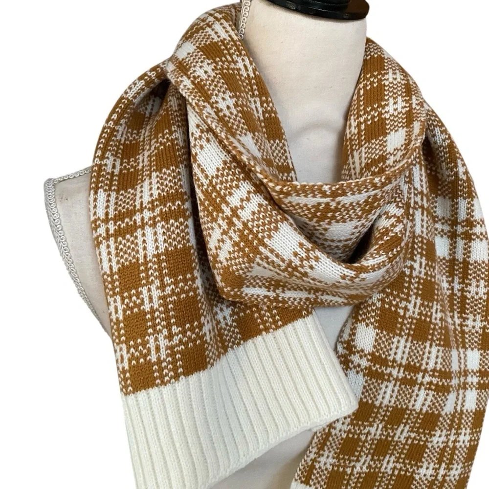 Timberland Camel Plaid Knit Winter Scarf Cozy Neutral NWT